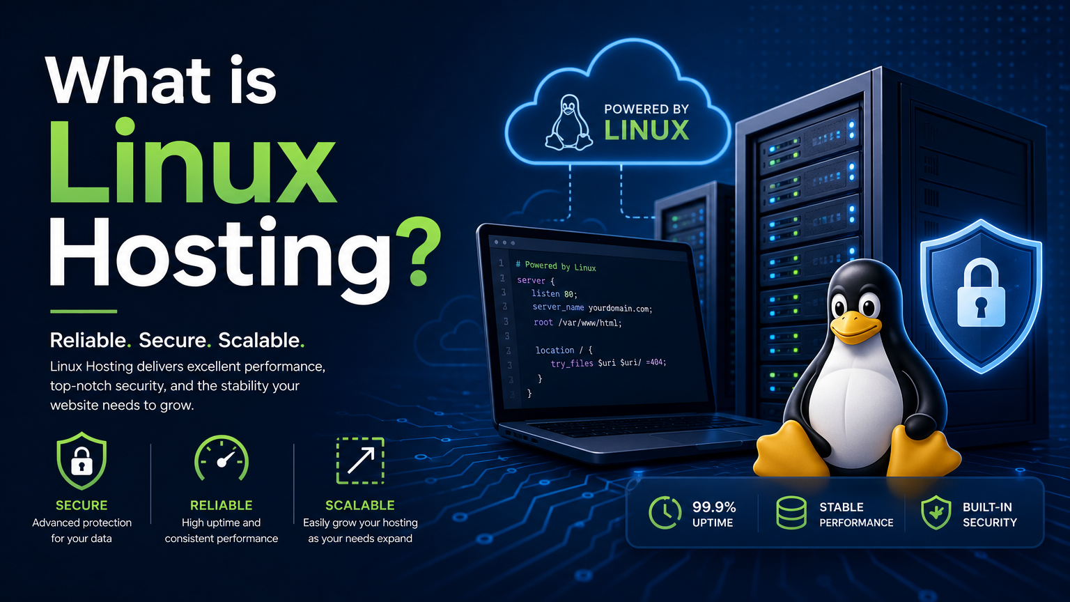 A digital ad for Linux hosting showcases a laptop with code, a penguin mascot, servers, and icons for security, uptime, scalability, and performance. The text highlights reliability, security, and Linux-powered stability—making it the smart choice for website hosting that demands top-tier performance.